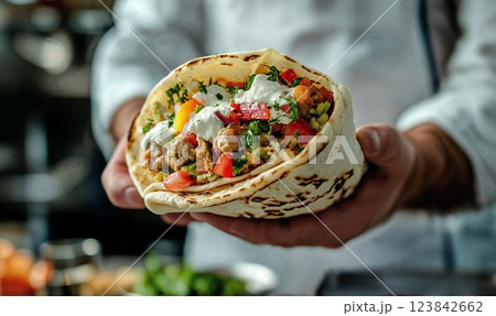 Chef holding freshly prepared lavash roll filled with vegetables and meat, copy space 123842662
