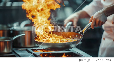 Chef cooking with fire in frying pan at professional kitchen, copy space 123842663