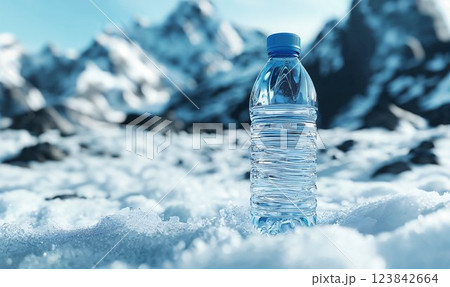 Plastic water bottle in snow with blurred mountain background and copy space 123842664