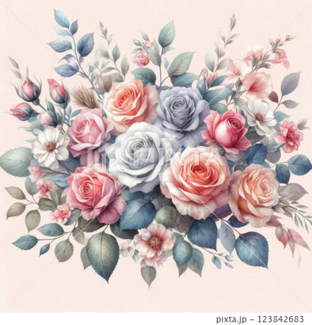 A harmonious blend of pink, peach, and cream roses with blue and pink flowers creates an elegant floral composition, radiating vibrance and beauty 123842683