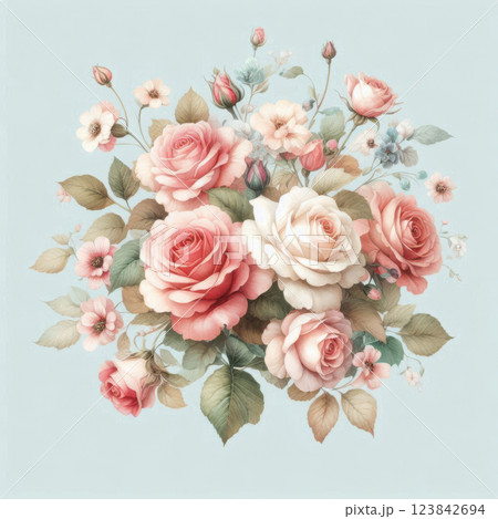 Delicate roses in pink, peach, and cream colors, accented with blue and pink blossoms, form a stunning bouquet against a soft background in this floral masterpiece 123842694