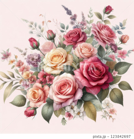 Delicate roses in pink, peach, and cream colors, accented with blue and pink blossoms, form a stunning bouquet against a soft background in this floral masterpiece 123842697