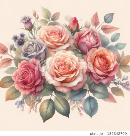 Elegant bouquet featuring roses in pink, peach, and cream shades, adorned with blue and pink flowers, creating a harmonious and vibrant floral display 123842709