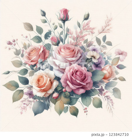 Elegant bouquet featuring roses in pink, peach, and cream shades, adorned with blue and pink flowers, creating a harmonious and vibrant floral display 123842710