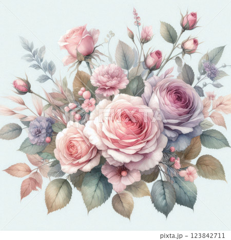 An arrangement of exquisite roses in pink, peach, and cream tones, complemented by blue and pink blooms, showcases floral beauty elegantly. 123842711