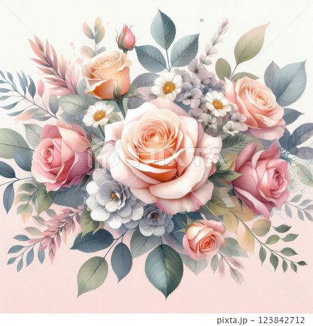 An arrangement of exquisite roses in pink, peach, and cream tones, complemented by blue and pink blooms, showcases floral beauty elegantly. 123842712