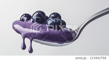 Blueberry yogurt on spoon with fresh berries isolated on white background 123842798