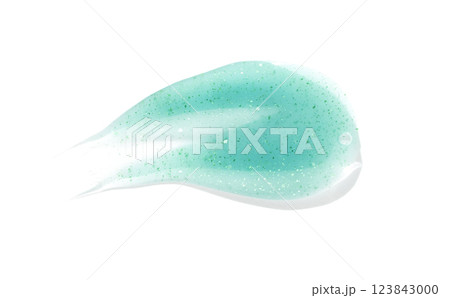 Close up of blue gel skincare product textured with glitter on white background 123843000