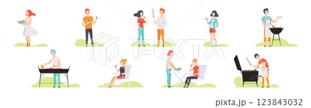 People Character at Barbecue Outdoor Picnic Vector Set 123843032