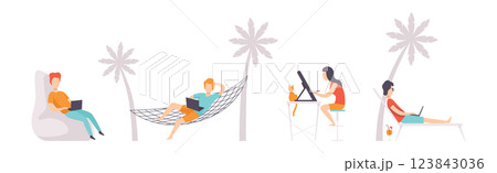 Man and Woman Freelancer Working at Comfortable Place with Laptop Vector Set Man and Woman Freelancer Working at Comfortable Place with Laptop Vector Set 123843036