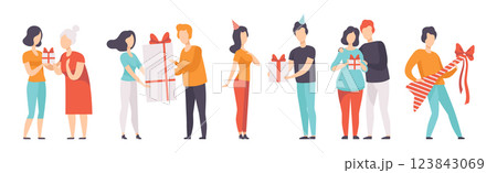 Happy People Character Exchange Gift Box on Holiday Vector Set Happy People Character Exchange Gift Box on Holiday Vector Set 123843069
