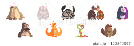 Animal Couple in Love Embrace and Hug Vector Set 123843097