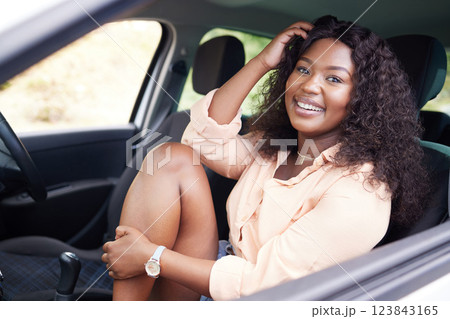 Road trip, vacation and travel with a black woman on a drive for holiday or vacation. Summer, freedom and window with a young female driving on a journey for adventure in a car alone 123843165