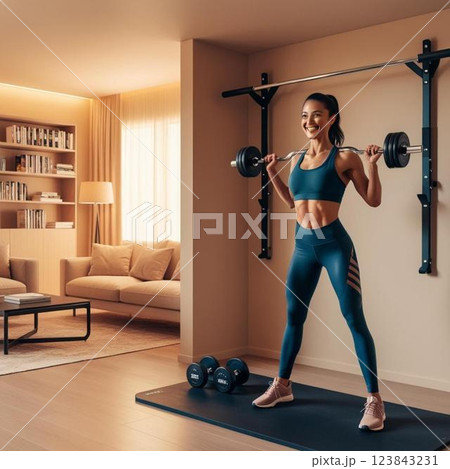 Girl, beautiful figure, healthy lifestyle, home fitness, gym at home, gym clothes, fitness, slimness, beauty 123843231