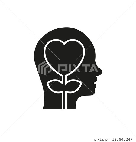 Human Head with Heart and Plant Solid Icon. Mental Well-Being and Positive Thinking Silhouette Symbol. Isolated Vector Illustration 123843247