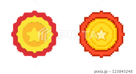 Pixel Star Medal Pixelated Icon Set. Pixel Art Symbol Collection Of Award Medals With Star Center. Isolated Vector Illustration 123843248