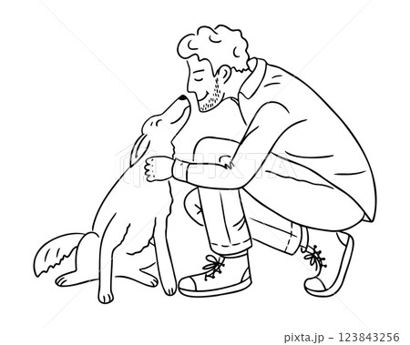 Black and white line drawing of a man kneeling and affectionately petting a dog, symbolizing companionship, friendship, and the bond between humans and pets 123843256