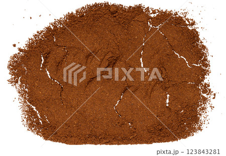 Scattered ground coffee beans on isolated background, top view 123843281
