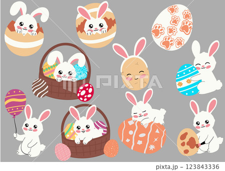 Cute bunnies with colorful eggs and baskets celebrating Easter festivities. 123843336