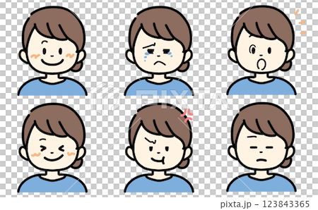 Illustration set of women with various expressions, women wearing blue clothes, illustrations of joy, anger, sadness and happiness 123843365