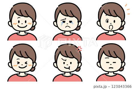 様々な表情の女性のイラストセット 赤色の服を着た女性 喜怒哀楽のイラスト 様々な表情の女性のイラストセット 赤色の服を着た女性 喜怒哀楽のイラスト 123843366