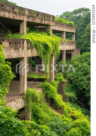 Overgrown abandoned building with lush greenery and nature. 123843504