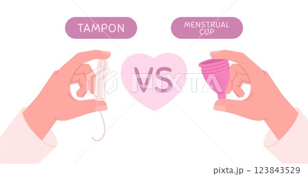 Female hygiene. Protective women items for period, reusable menstrual cup vs tampon in girl hands. Choose zero waste lifestyle, save the planet, racy vector concept 123843529
