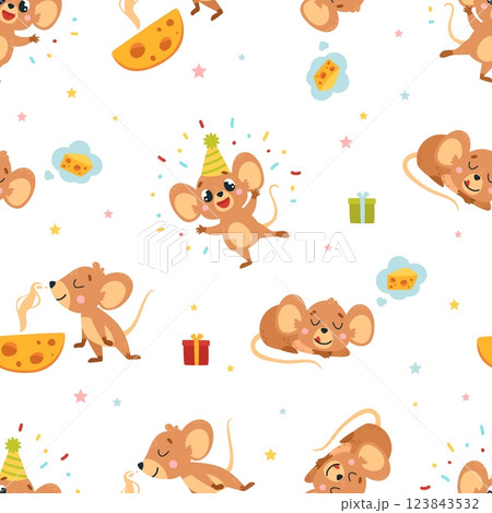 Little mouse seamless pattern. Funny mice with cheese and gifts. Cartoon animal print for fabric, wallpaper, wrapping, website, classy vector background Little mouse seamless pattern. Funny mice with cheese and gifts. Cartoon animal print for fabric, wallpaper, wrapping, website, classy vector background 123843532