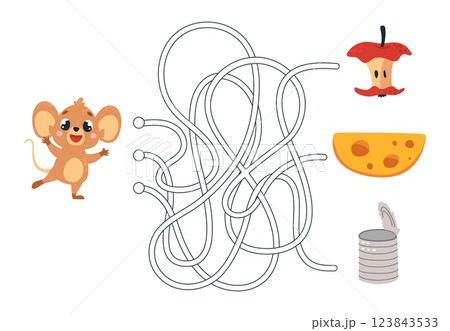 Children puzzle game. Help mouse find path to cheese. Choose right way, waste and food. Kids developing play for school, kindergarten, classy vector scene Children puzzle game. Help mouse find path to cheese. Choose right way, waste and food. Kids developing play for school, kindergarten, classy vector scene 123843533