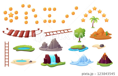 Different game design elements. Golden coins compositions for arcade, nature locations. Desert, green valley with lake, volkano, ice, mountains, vector set 123843545