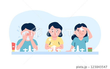 Children washing together. Siblings, brother and sister in bathroom doing morning or evening routine. Self hygiene, wash hands and face, vector concept 123843547