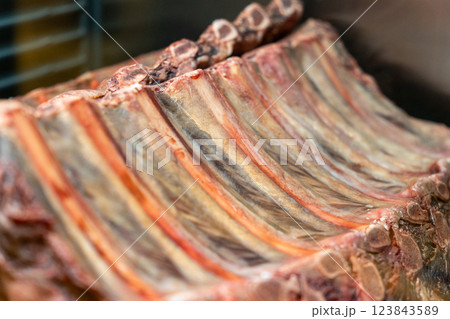 Marbled beef dry aging lies in the refrigerator in a restaurant. Marbled beef dry aging lies in the refrigerator in a restaurant. 123843589