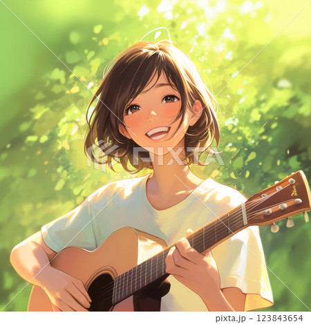 フォークギターで弾き語りする女性1 123843654