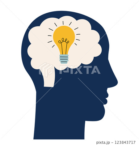 Human silhouette profile picture with bulb in the head. Creative person with new idea, human brain concept, people find solution. 123843717