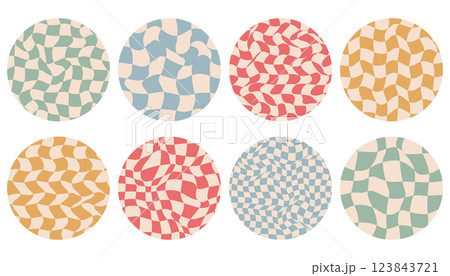 Groovy checkered pattern in round shape. Round avatars. Vintage wavy curved backdrop, distortion effect. Grid texture, retro background in 90s style, y2k. Groovy checkered pattern in round shape. Round avatars. Vintage wavy curved backdrop, distortion effect. Grid texture, retro background in 90s style, y2k. 123843721