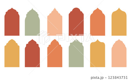 Traditional Islamic window shapes in oriental style. Set of colorful silhouette Eid Mubarak decorative arches, mosque borders or Moroccan gates. Traditional Islamic window shapes in oriental style. Set of colorful silhouette Eid Mubarak decorative arches, mosque borders or Moroccan gates. 123843731