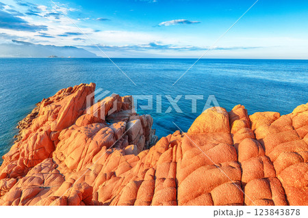 Exciting  sunset view of Red Rocks (Rocce Rosse) in Arbatax. 123843878