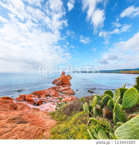 Impressive  view of Red Rocks (is Scoglius Arrubius) on Cea beach. 123843885
