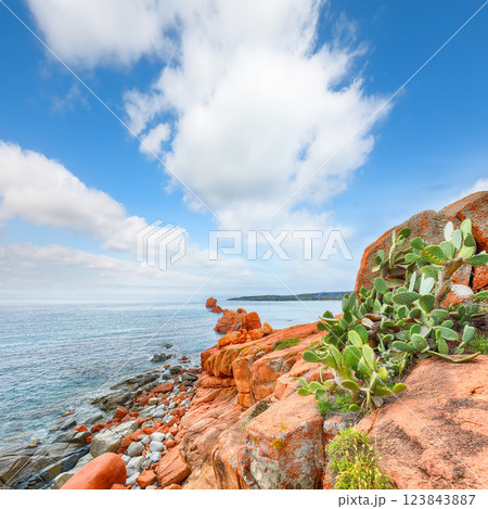 Impressive view of Red Rocks (is Scoglius Arrubius) on Cea beach. Impressive view of Red Rocks (is Scoglius Arrubius) on Cea beach. 123843887