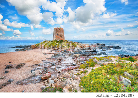 Impressive view of Bari Sardo tower in the Gulf of Orosei. Impressive view of Bari Sardo tower in the Gulf of Orosei. 123843897
