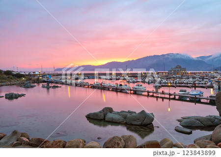 Remarkable  sunset view on boats in beautiful marina of Villasimius. 123843899