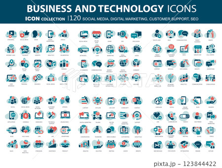 120 Business, data analytics, organization management icons. Social media, digital marketing, customer support and seo icon set. Vector icon collection 123844422