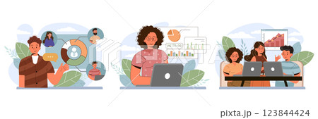 Tasking set. Setting and following schedule. Time optimization of office. Flat vector illustration Tasking set. Setting and following schedule. Time optimization of office. Flat vector illustration 123844424