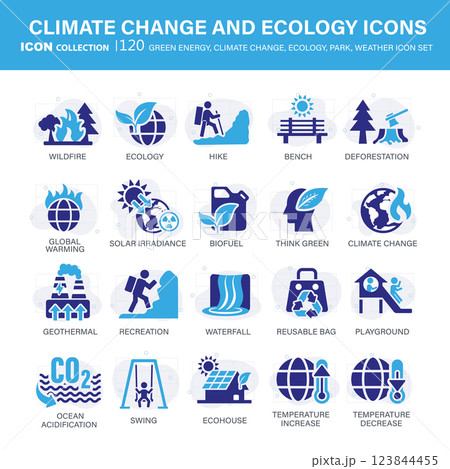 Climate change, ecology, green energy, park and weather icon set. Containing global warming, renewable energy, greenhouse, melting ice, earth pollution, outdoor activity. Flat vector illustration	 123844455
