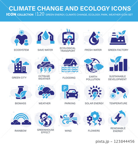 Climate change, ecology, green energy, park and weather icon set. Containing global warming, renewable energy, greenhouse, melting ice, earth pollution, outdoor activity. Flat vector illustration 123844456