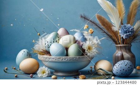 Easter eggs on blue pastel background 123844480