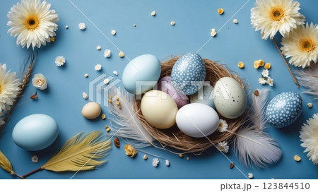 Easter eggs on blue pastel background 123844510