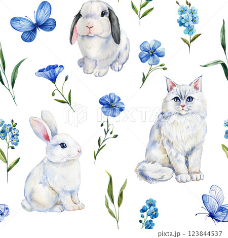 Seamless pattern with animal. Flora, Cats, bunnies watercolor illustration for decorating textiles, packaging, wallpaper 123844537