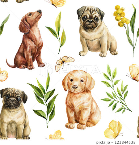 seamless pattern with cute dogs, leaves, butterfly. Watercolor illustration decorating textile, packaging, wallpaper art 123844538
