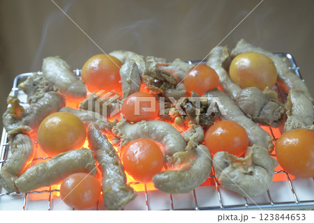煙り立ち昇る七輪で鶏モツを焼く 123844653